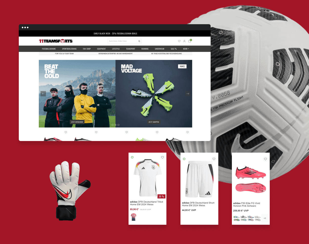 11 Teamsports Website mit Detailansicht von einem Trikot, einer Trikot Hose und Fußballschuhen