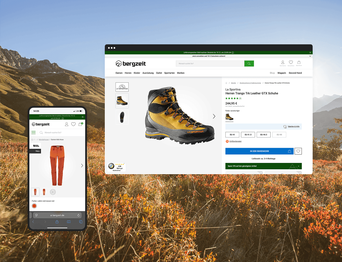 Bergzeit Shop. Desktop und mobile Ansicht