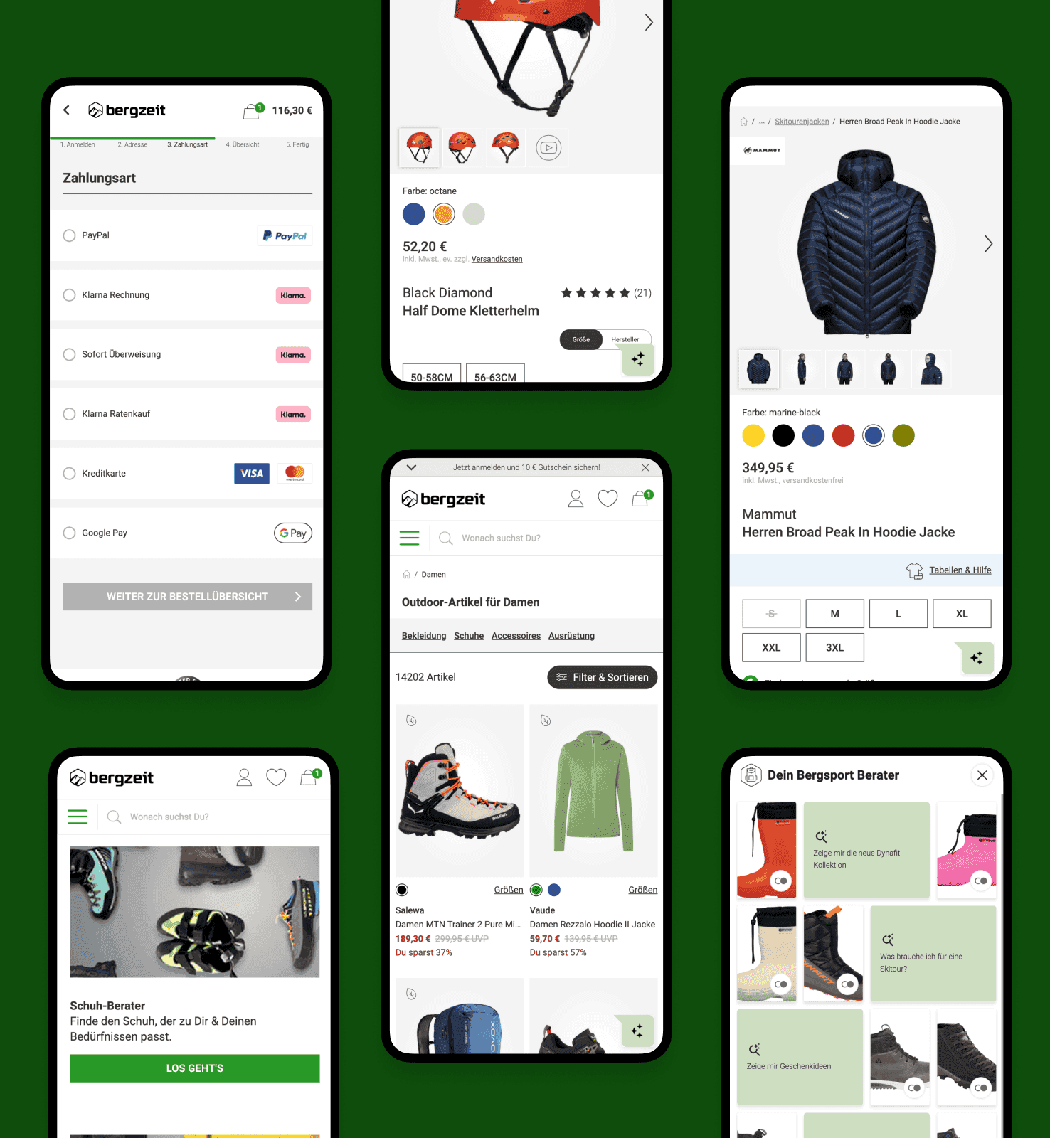 Mehrere Screens des Bergzeit Shops mobil