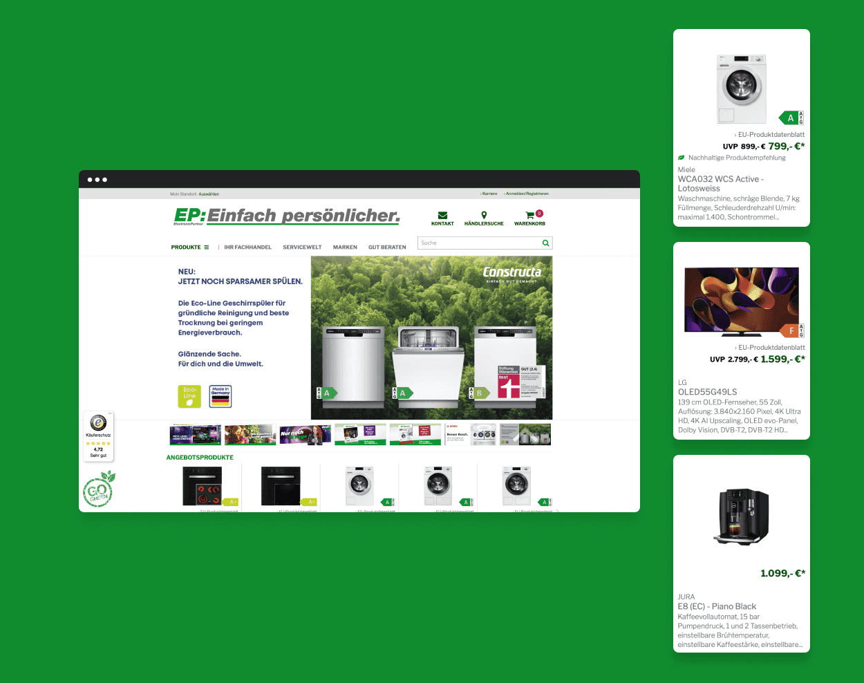 Electronic Partner Website mit Detailansicht von verschiedenen Produkten