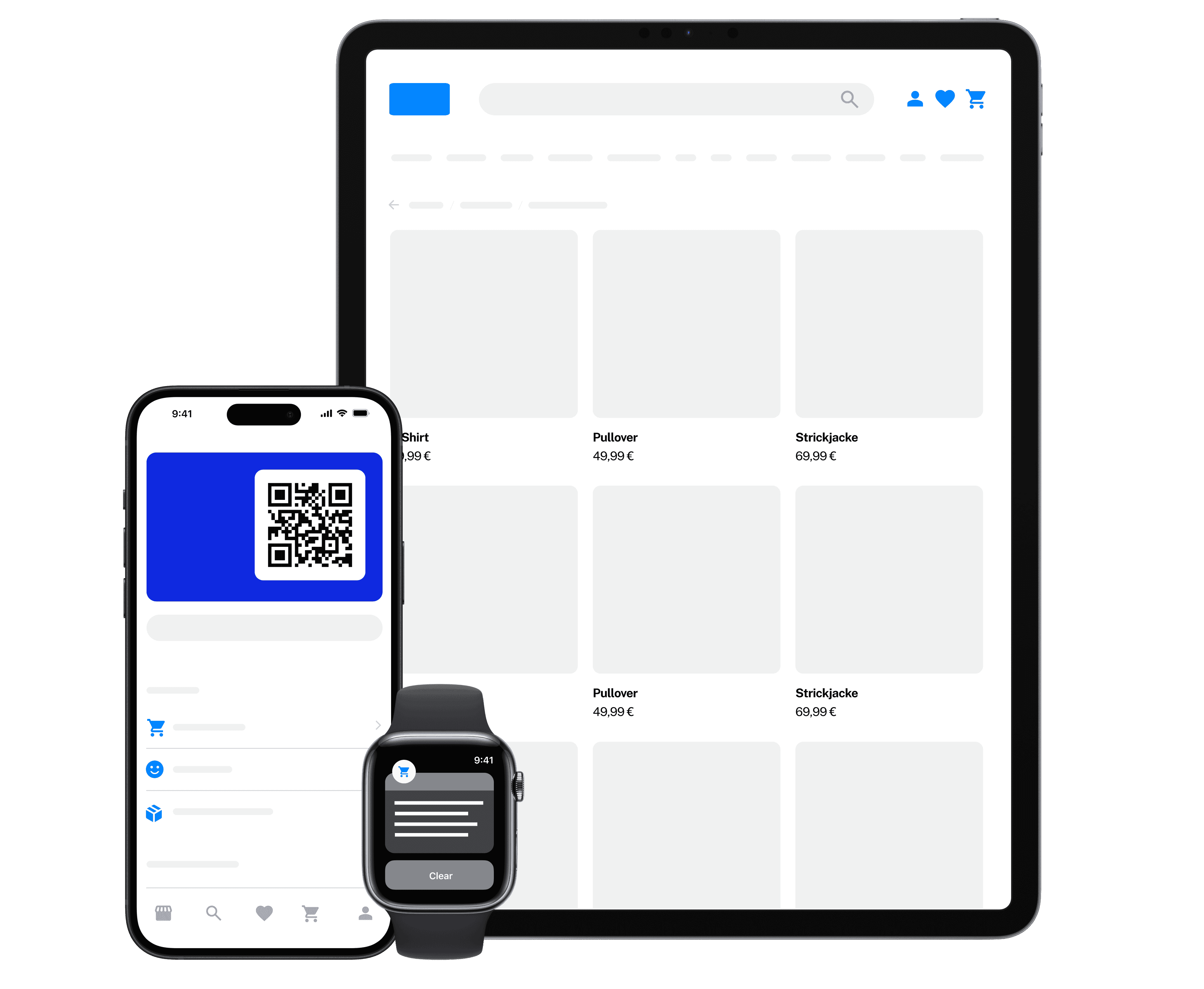 Abbildung eines Multi Frontend Szenarios in Form eines Tablets, eines Smartphones und einer Smartwatch.
