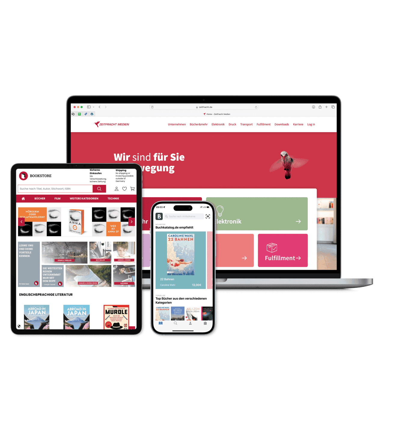 Abbildung eines Multi Frontend Szenarios in Form eines Tablets, eines Smartphones und eines Laptops