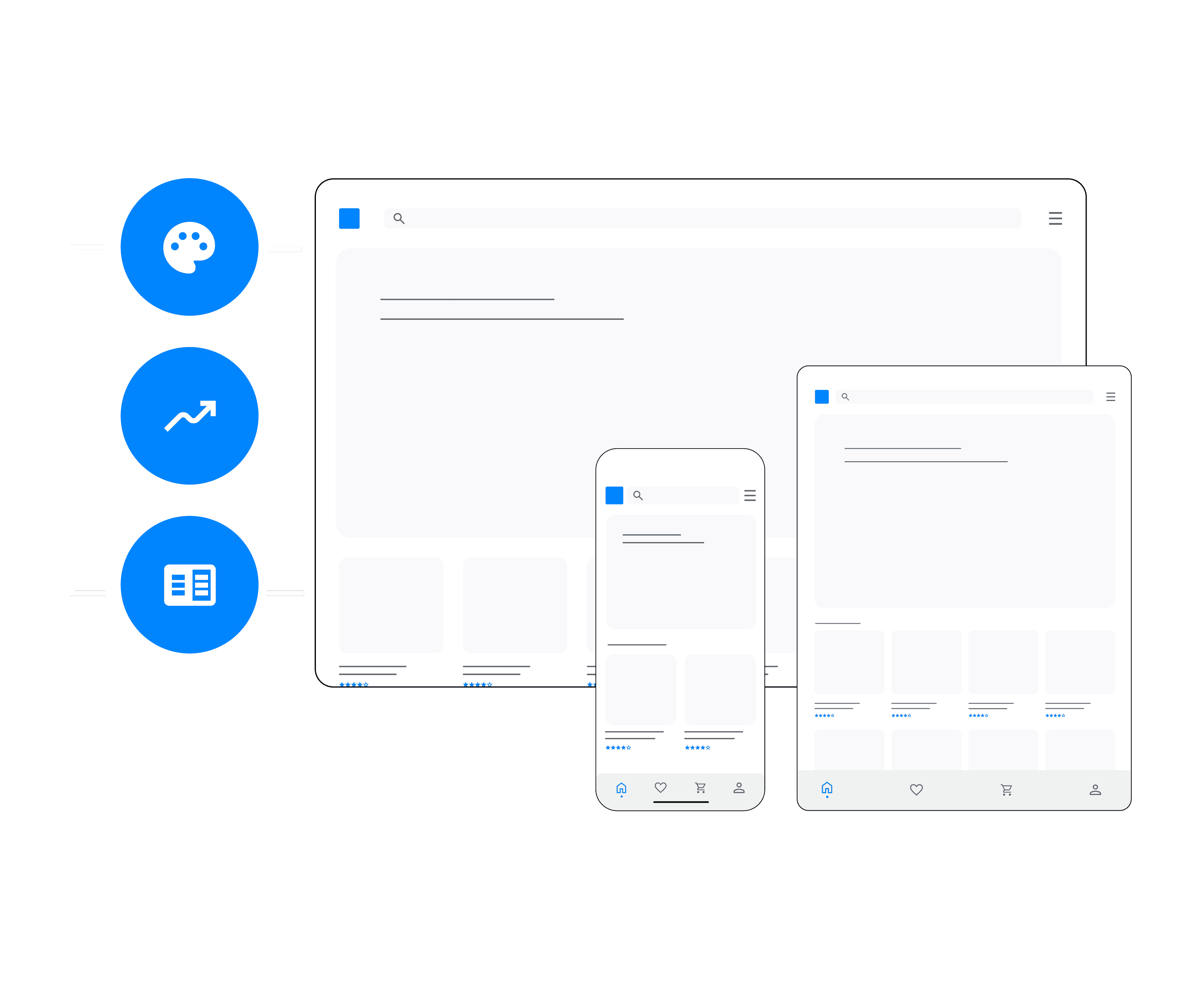 Ansicht von einer Website Oberfläche in verschiedenen Devices. Laptop, Smartphone und Tablet. Dazu beschreibende Icons für die Themen: Design, Performance und Konzept.