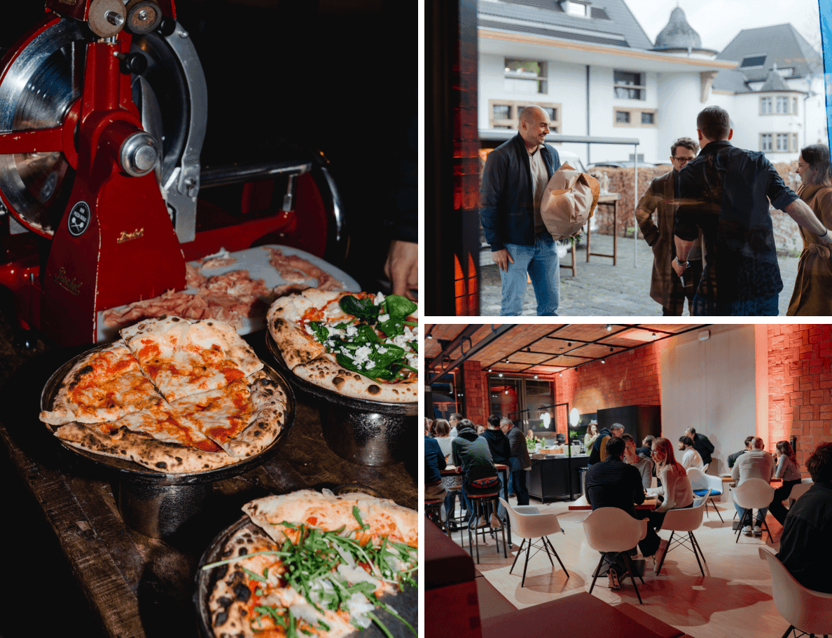 Frische Pizza, Gäste werden Empfangen, Raum gefüllt mit Menschen