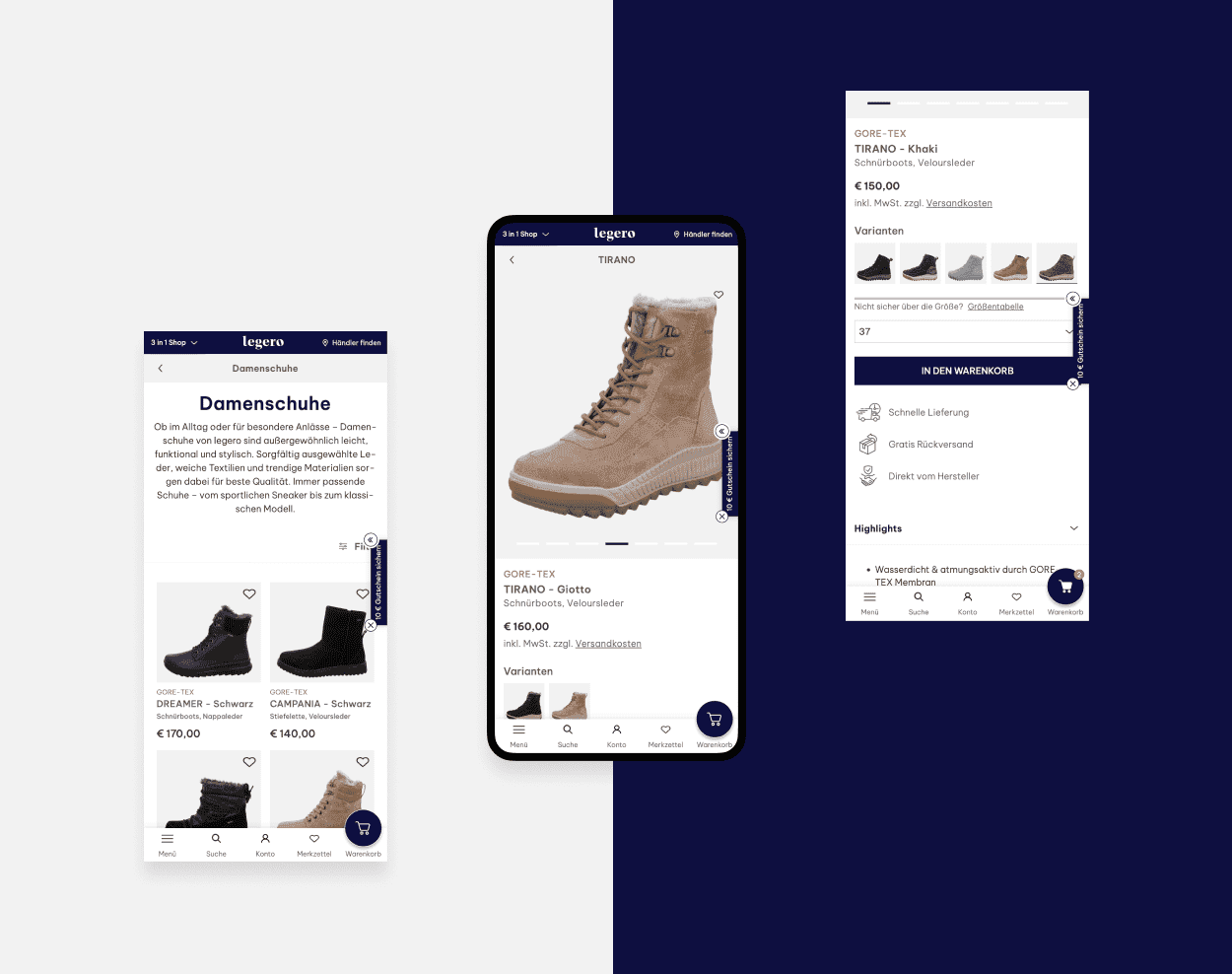 Legero Website in der mobilen Ansicht