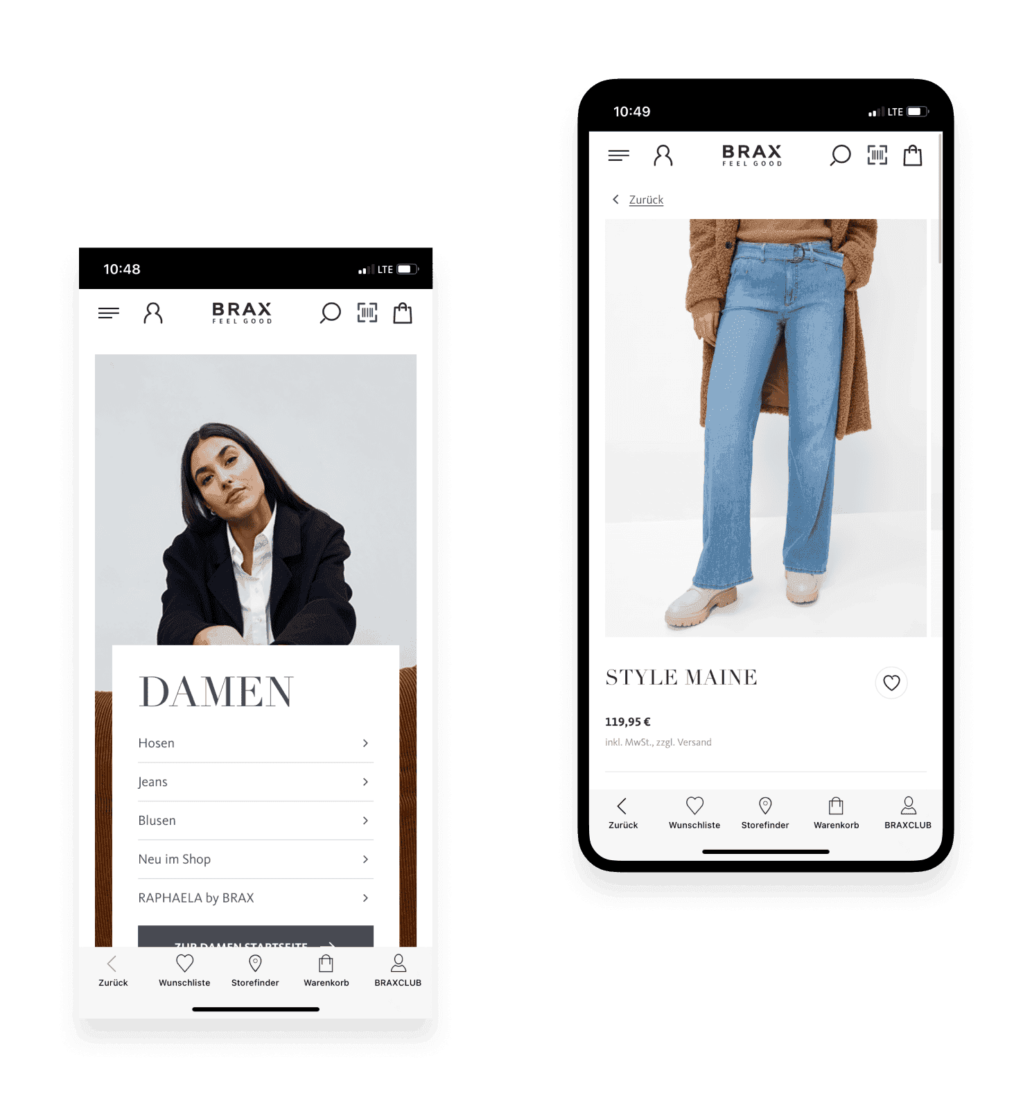 Die Brax App mit zwei verschiedenen Screen. Home und Produktdetailseite.