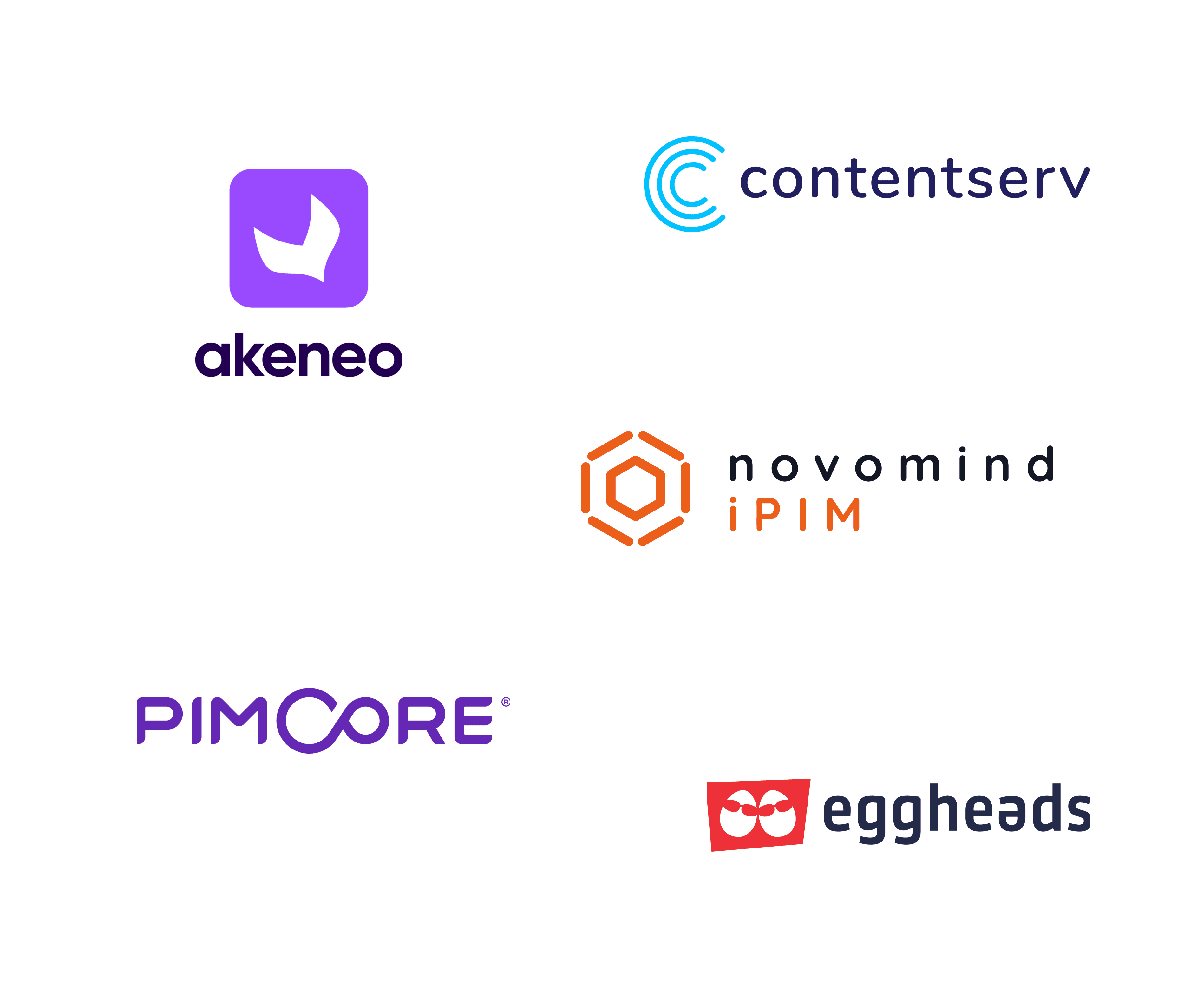 Logos folgenderPIM Software Anbieter: Akeneo, contentserv, novomind iPIM, Pimcore, eggheads