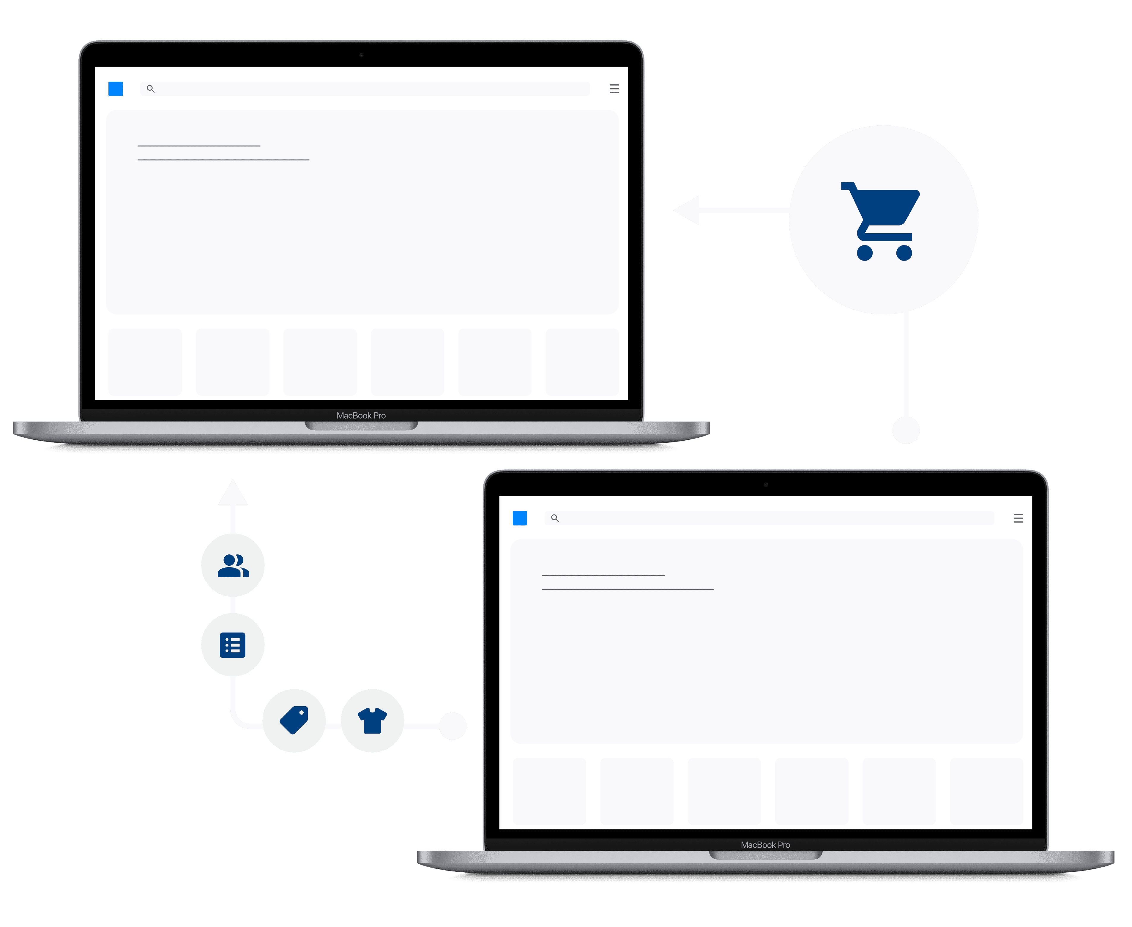 eCommerce Replatforming Hero Bild mit 2 Bildschirmen und Icons