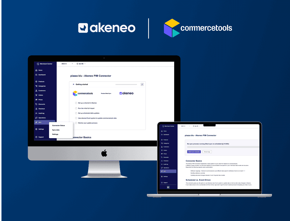 Desktop Ansicht und Logos des Akeneo-commercetools Connector