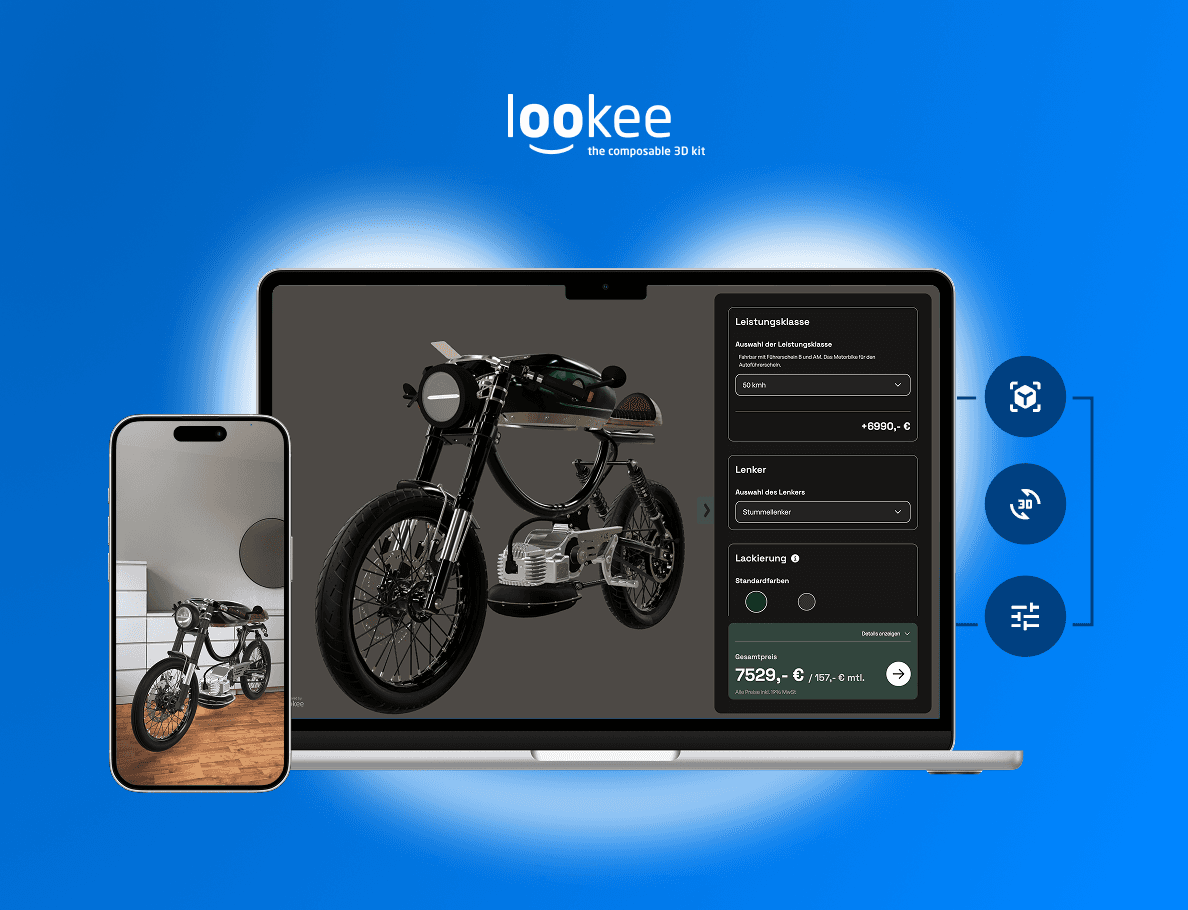 Metorbike 3D-Konfigurator in der Desktop Ansicht und Mobil als VR Ansicht