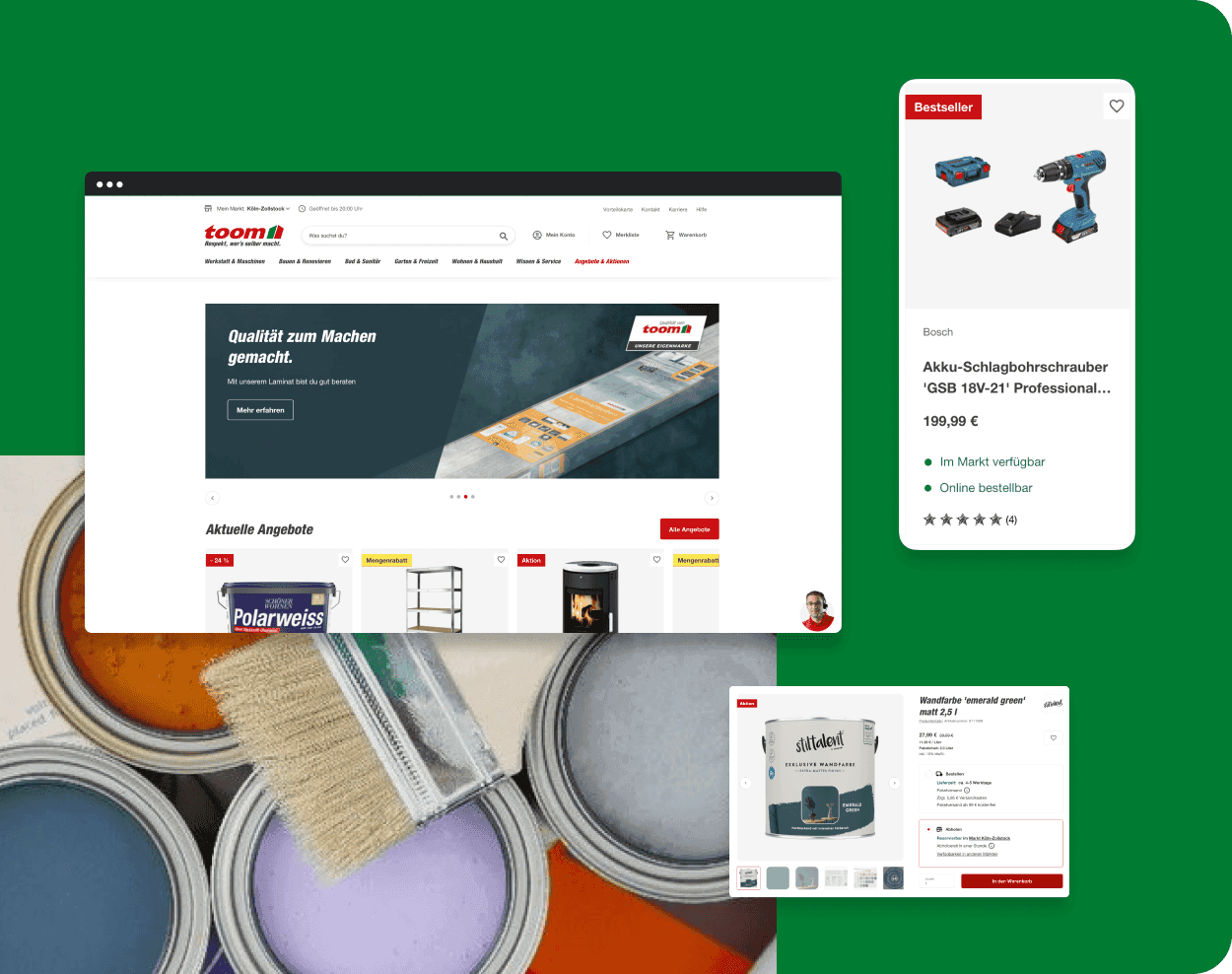 toom Website mit Detailansichten von einem Akkuschrauber und Wandfarbe