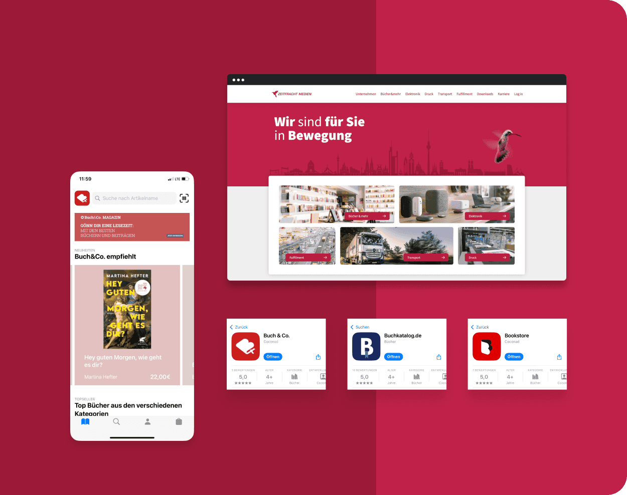 Zeitfracht Website und Buch und Co. App. Außerdem die Apps Buchkatalog.de und Bookstore in der Ansicht des Appstores